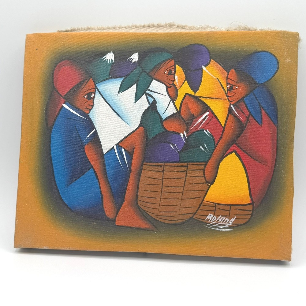 Roland Signed Original Haitian Folk Art Oil Painting Market Scene 8x10 Yellow